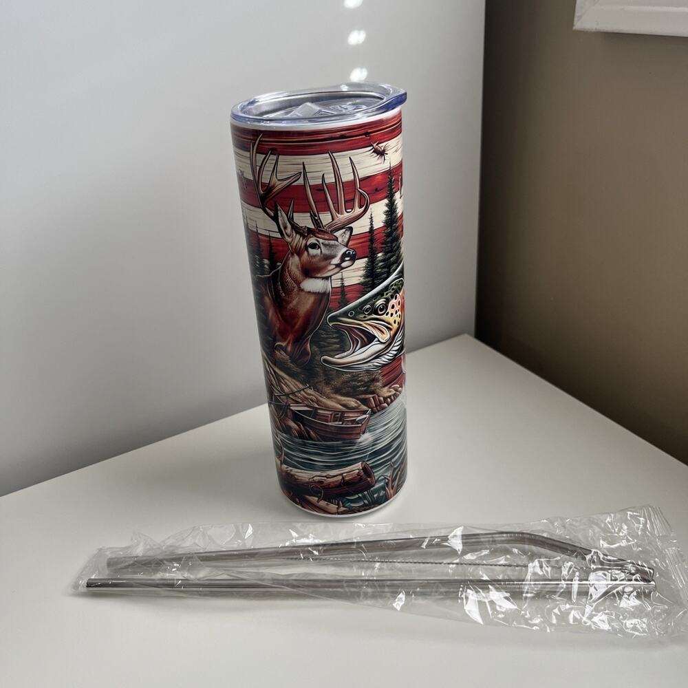 Custom Printed 20oz Tumbler Hunting Fishing Design Lid Straws And Straw Cleaner